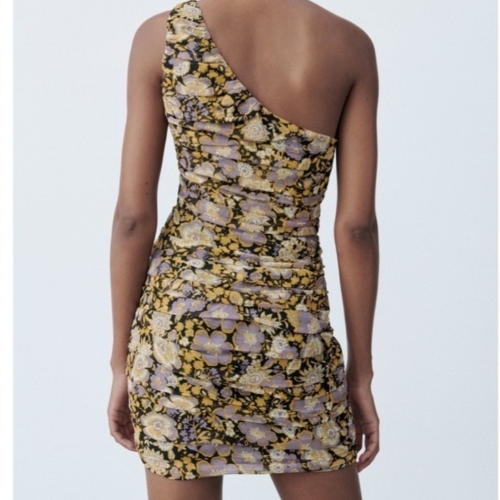 Zara - Yellow Purple Floral Glitter Drape One Shoulder Bodycon Dress -Size S NWT - Picture 6 of 7